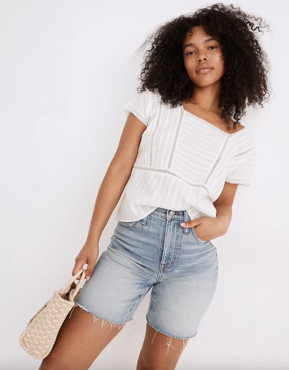 Madewell High Rise Mid Length Denim Shorts Woodvale Wash Size 23 Raw Hem
